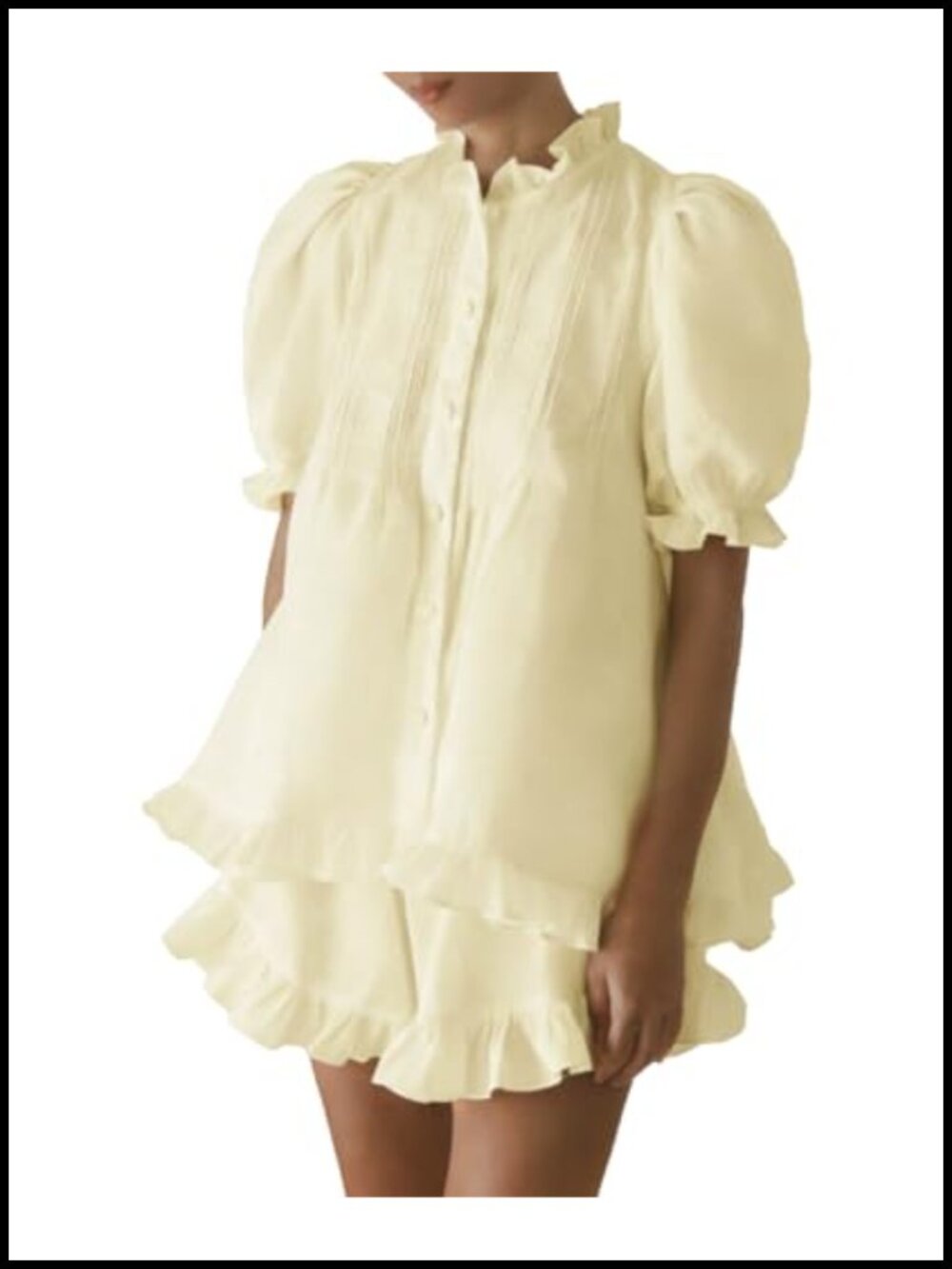 Women 100% Cotton Ruffle Pajama Set Puff Sleeve Button Down 2 Piece